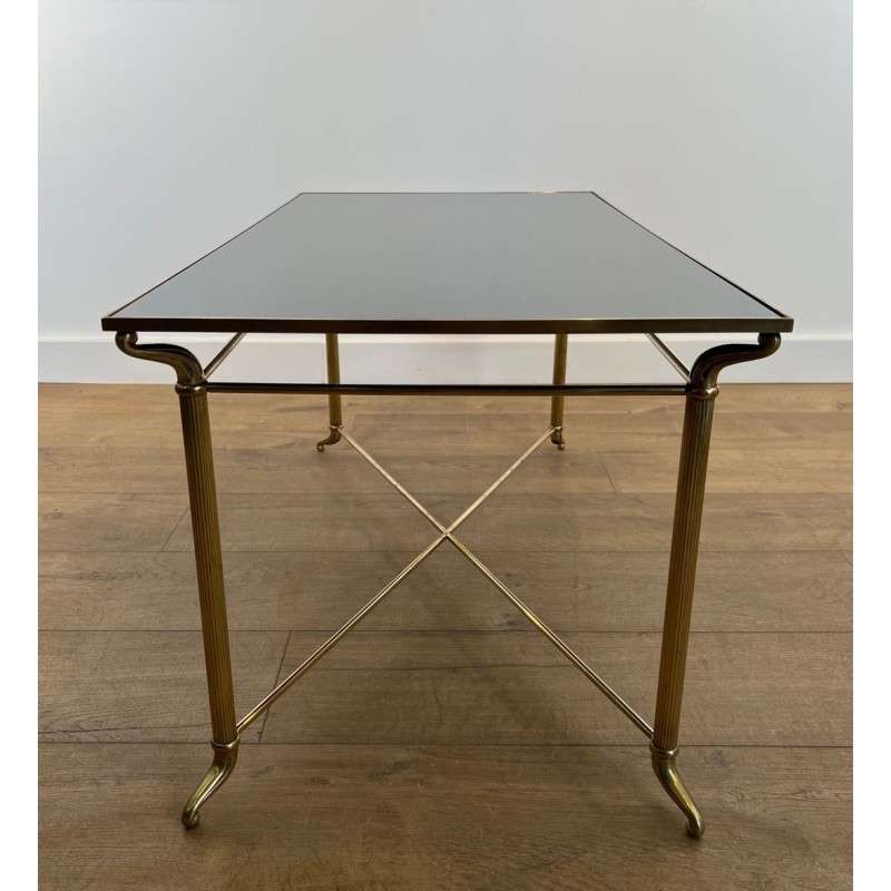 Table Basse Laiton Plateau Verre Laqué Noir, Dans le Goût de Jansen, France, vers 1940