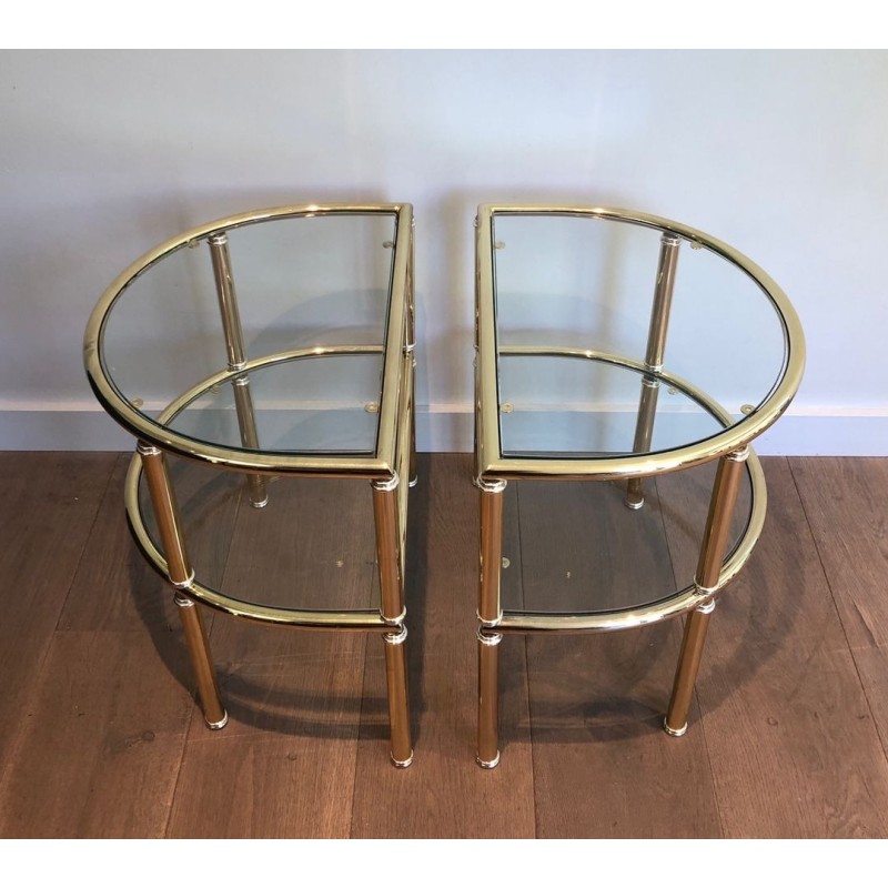 Pair of D-Shaped Two-Tier Brass Side Tables with Glass Shelves, French Work, circa 1970