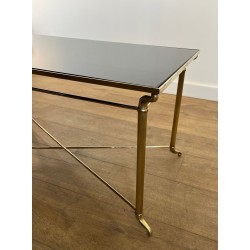 Table Basse Laiton Plateau Verre Laqué Noir, Dans le Goût de Jansen, France, vers 1940