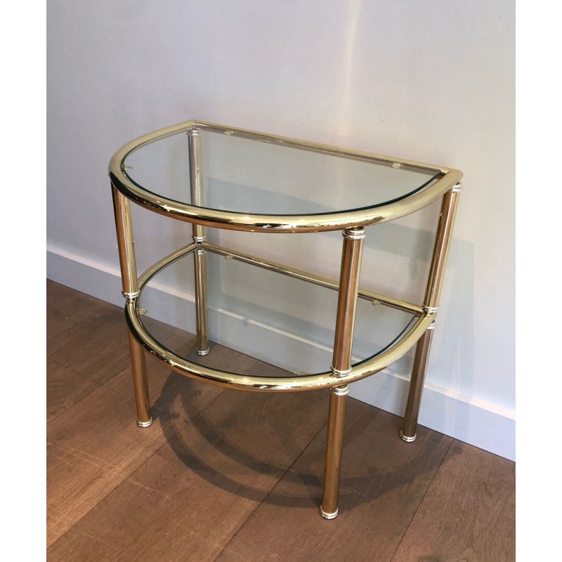 Pair of D-Shaped Two-Tier Brass Side Tables with Glass Shelves, French Work, circa 1970