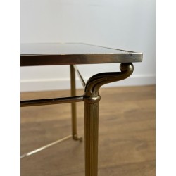 Rectangular Brass Coffee Table, Black Lacquered Glass Top, in the Style of Jansen, circa 1940