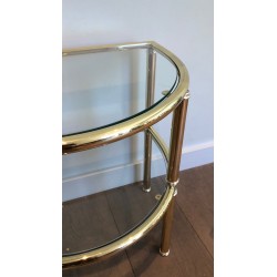 Pair of D-Shaped Two-Tier Brass Side Tables with Glass Shelves, French Work, circa 1970