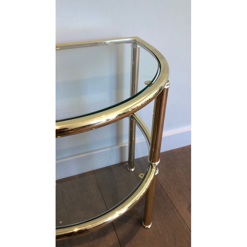 Pair of D-Shaped Two-Tier Brass Side Tables with Glass Shelves, French Work, circa 1970