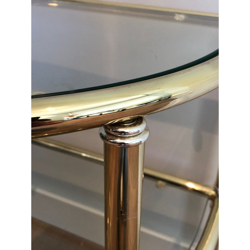 Pair of D-Shaped Two-Tier Brass Side Tables with Glass Shelves, French Work, circa 1970