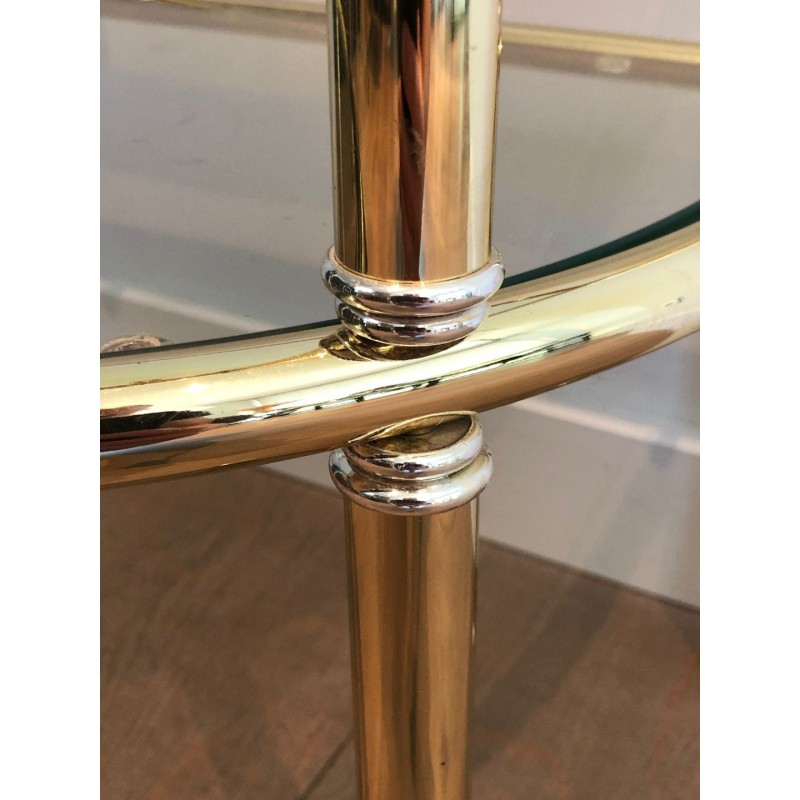 Pair of D-Shaped Two-Tier Brass Side Tables with Glass Shelves, French Work, circa 1970