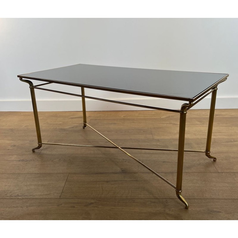 Table Basse Laiton Plateau Verre Laqué Noir, Dans le Goût de Jansen, France, vers 1940