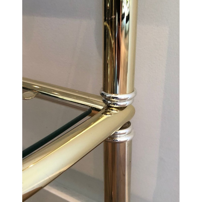 Pair of D-Shaped Two-Tier Brass Side Tables with Glass Shelves, French Work, circa 1970