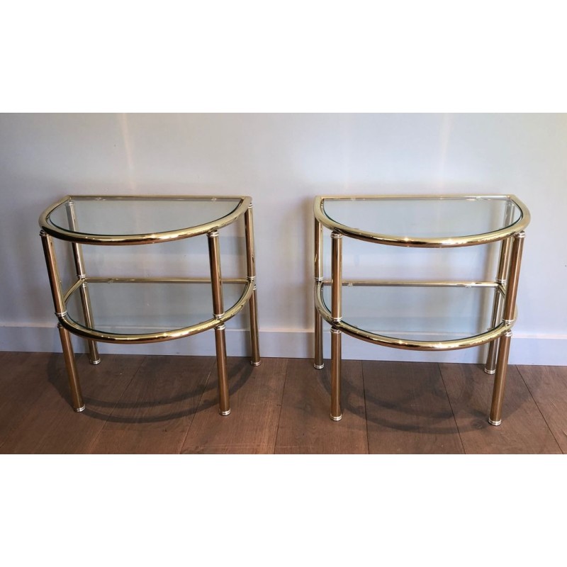 Pair of D-Shaped Two-Tier Brass Side Tables with Glass Shelves, French Work, circa 1970