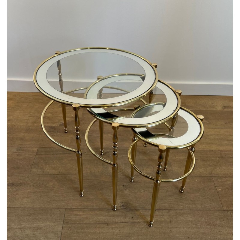 Set of Three Round Brass Nesting Tables, Silver-Rimmed Glass, French Work, circa 1940