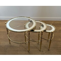 Set of Three Round Brass Nesting Tables, Silver-Rimmed Glass, French Work, circa 1940