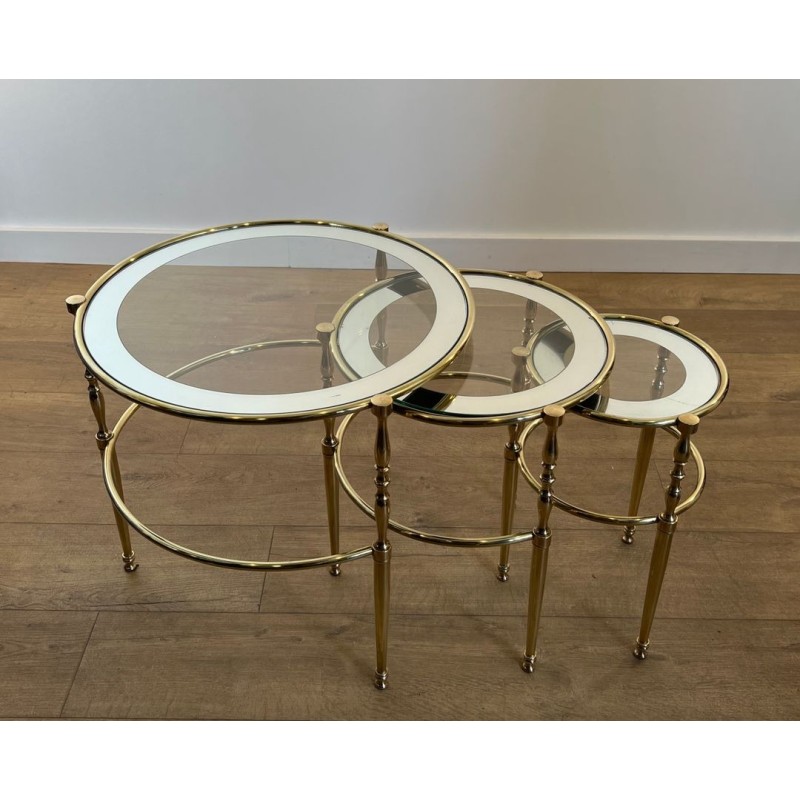Set of Three Round Brass Nesting Tables, Silver-Rimmed Glass, French Work, circa 1940