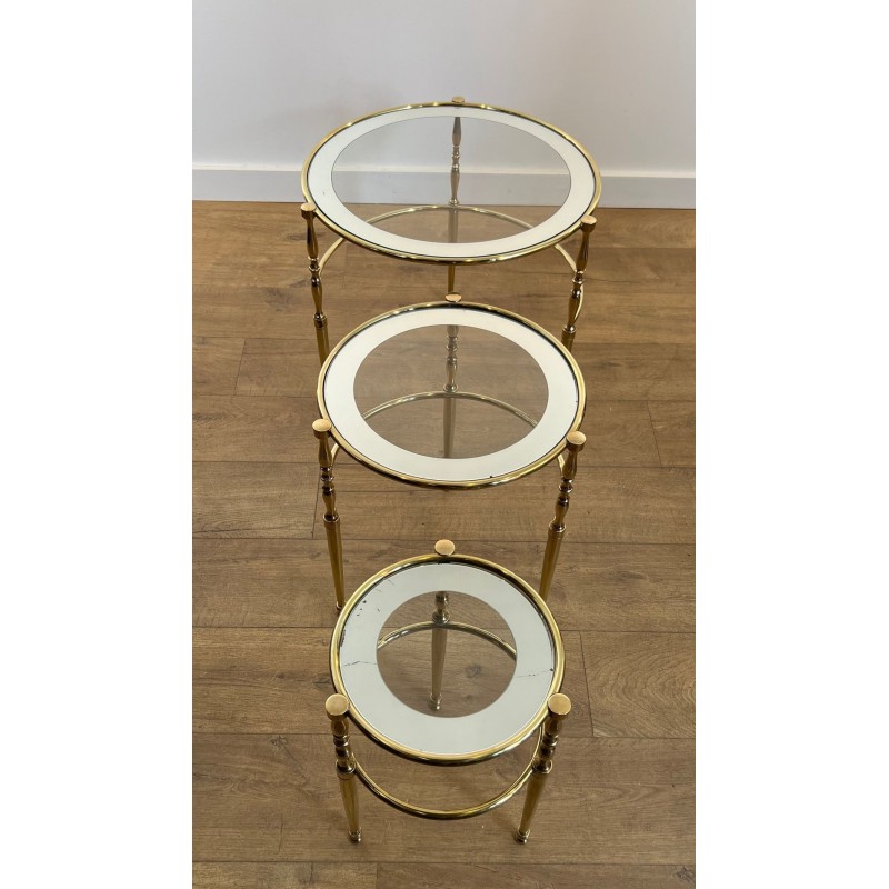 Set of Three Round Brass Nesting Tables, Silver-Rimmed Glass, French Work, circa 1940