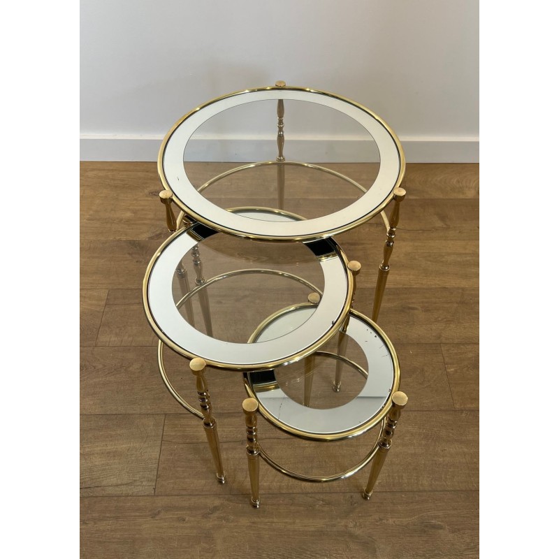Set of Three Round Brass Nesting Tables, Silver-Rimmed Glass, French Work, circa 1940