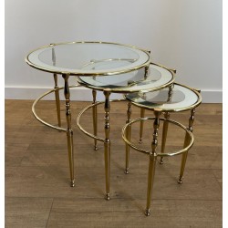 Set of Three Round Brass Nesting Tables, Silver-Rimmed Glass, French Work, circa 1940