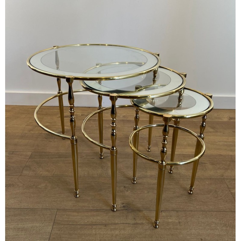 Set of Three Round Brass Nesting Tables, Silver-Rimmed Glass, French Work, circa 1940