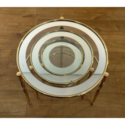 Set of Three Round Brass Nesting Tables, Silver-Rimmed Glass, French Work, circa 1940
