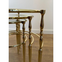 Set of Three Round Brass Nesting Tables, Silver-Rimmed Glass, French Work, circa 1940
