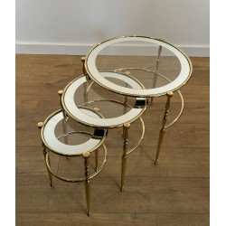 Set of Three Round Brass Nesting Tables, Silver-Rimmed Glass, French Work, circa 1940