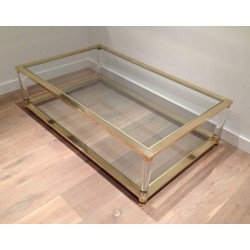 Large Two-Tier Lucite and Brass Coffee Table, French Work, France, circa 1970