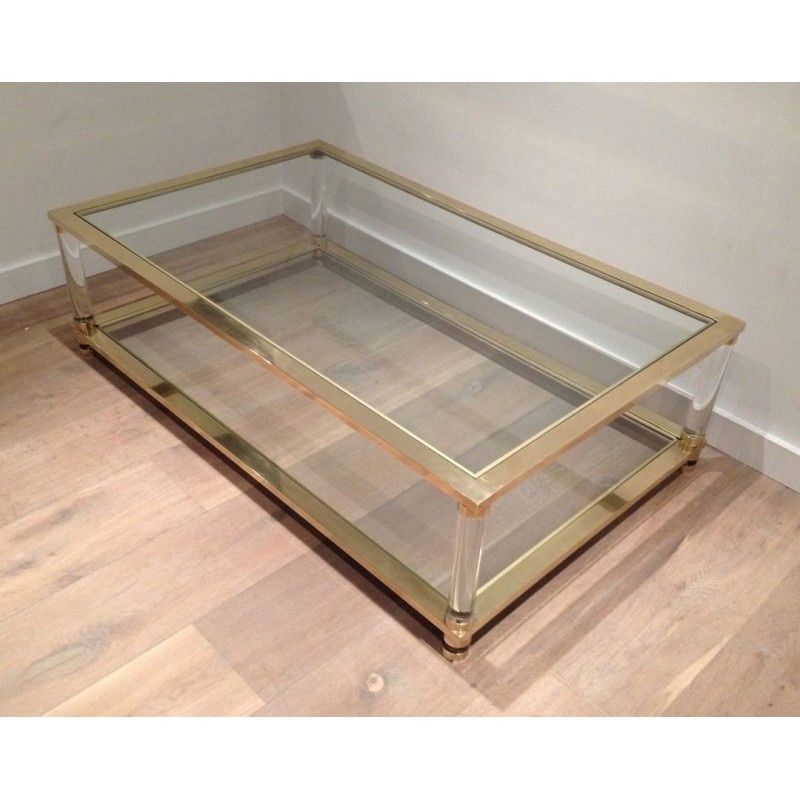 Large Two-Tier Lucite and Brass Coffee Table, French Work, France, circa 1970