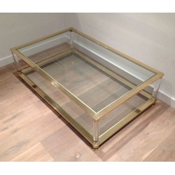 Grande Table Basse Deux Plateaux Plexiglass et Laiton, Travail Français, vers 1970