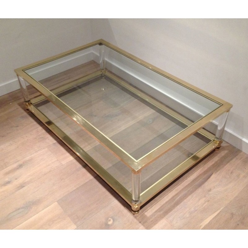 Large Two-Tier Lucite and Brass Coffee Table, French Work, France, circa 1970