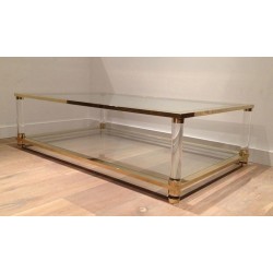 Large Two-Tier Lucite and Brass Coffee Table, French Work, France, circa 1970