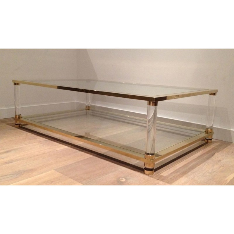 Grande Table Basse Deux Plateaux Plexiglass et Laiton, Travail Français, vers 1970
