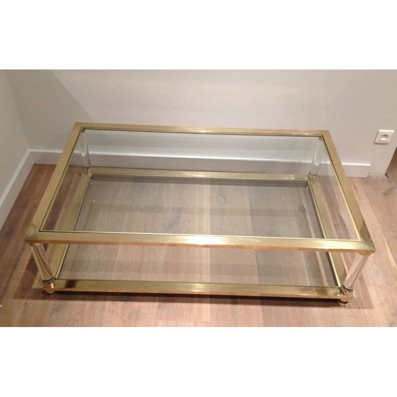 Large Two-Tier Lucite and Brass Coffee Table, French Work, France, circa 1970