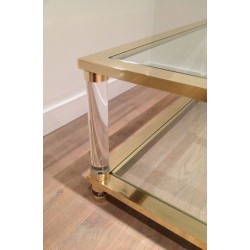 Large Two-Tier Lucite and Brass Coffee Table, French Work, France, circa 1970
