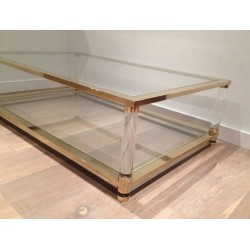 Large Two-Tier Lucite and Brass Coffee Table, French Work, France, circa 1970