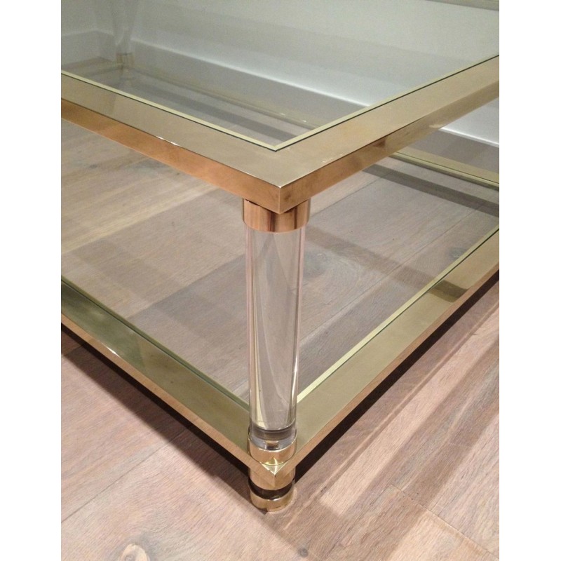 Large Two-Tier Lucite and Brass Coffee Table, French Work, France, circa 1970