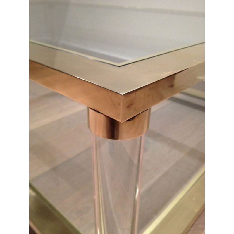 Grande Table Basse Deux Plateaux Plexiglass et Laiton, Travail Français, vers 1970