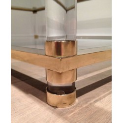Large Two-Tier Lucite and Brass Coffee Table, French Work, France, circa 1970