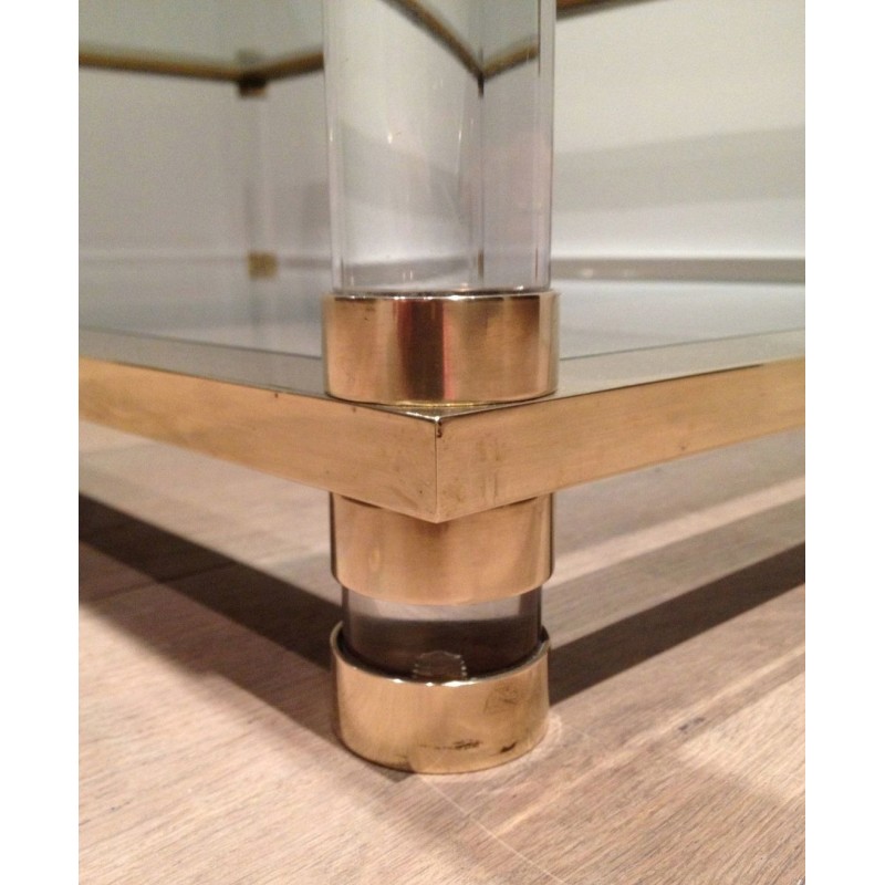 Large Two-Tier Lucite and Brass Coffee Table, French Work, France, circa 1970