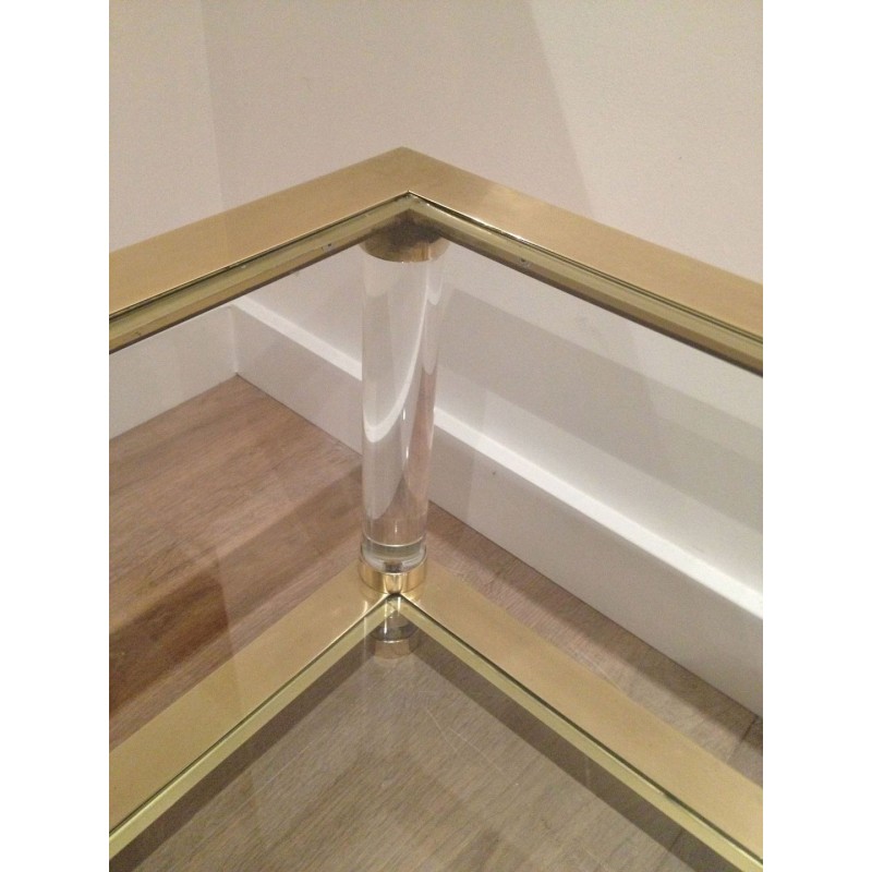 Grande Table Basse Deux Plateaux Plexiglass et Laiton, Travail Français, vers 1970