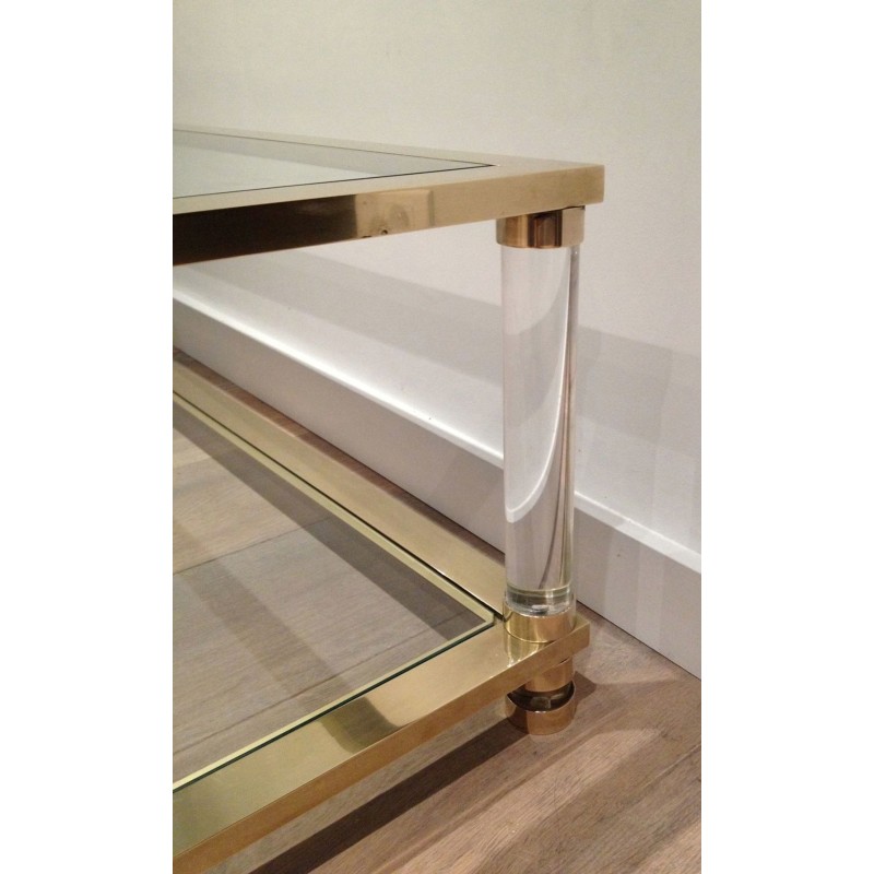 Large Two-Tier Lucite and Brass Coffee Table, French Work, France, circa 1970