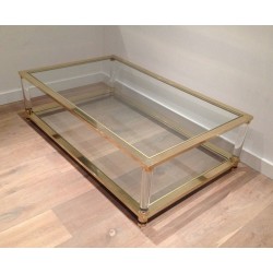 Large Two-Tier Lucite and Brass Coffee Table, French Work, France, circa 1970