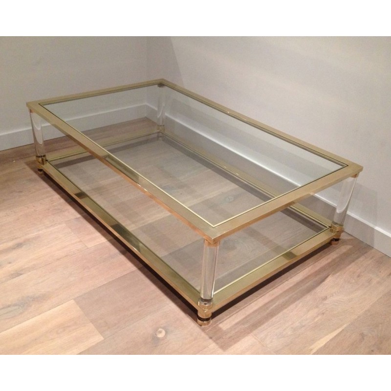 Grande Table Basse Deux Plateaux Plexiglass et Laiton, Travail Français, vers 1970