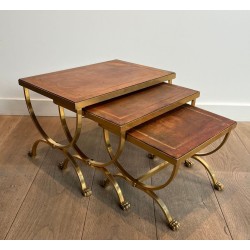 Gilt Metal Nesting Tables with Claw Feet and Leather Tops, Attrib. Maison Jansen, circa 1940