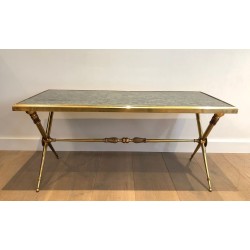 Table Basse Laiton Marbre Vert, Dans le Goût de Raymond Subes, France, vers 1940