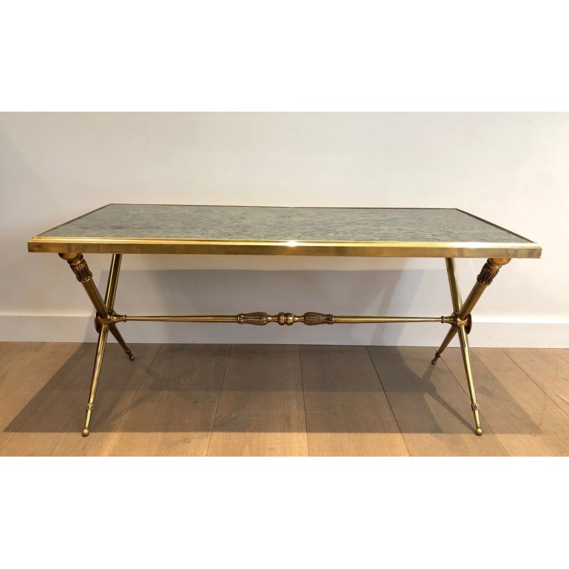 Table Basse Laiton Marbre Vert, Dans le Goût de Raymond Subes, France, vers 1940