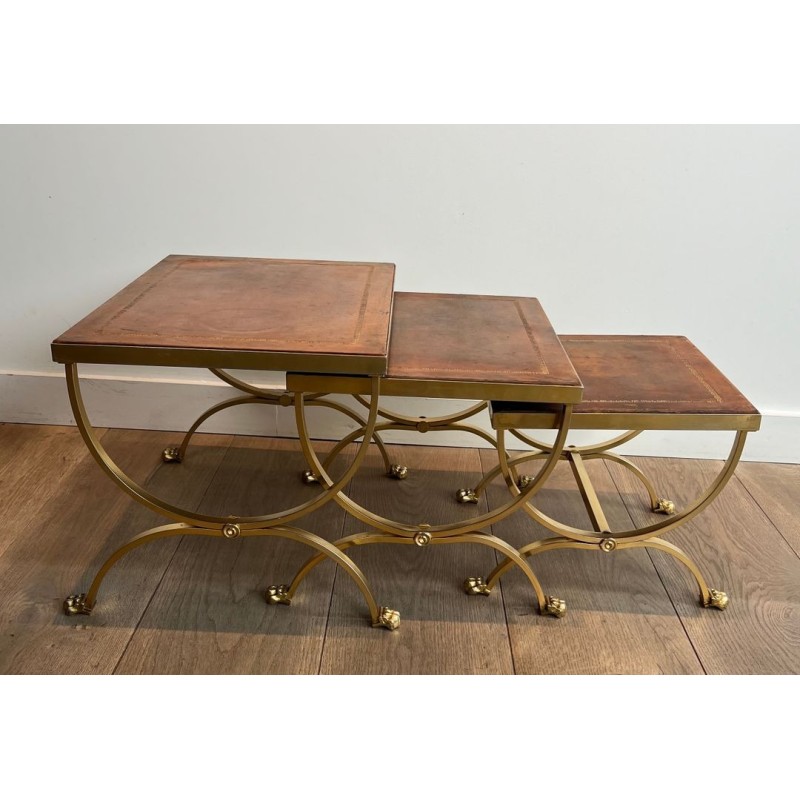 Tables Gigognes Métal Doré Pieds Griffes Cuir, Attribuées Maison Jansen, vers 1940