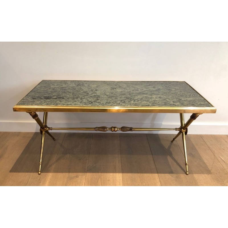 Table Basse Laiton Marbre Vert, Dans le Goût de Raymond Subes, France, vers 1940