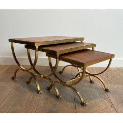 Gilt Metal Nesting Tables with Claw Feet and Leather Tops, Attrib. Maison Jansen, circa 1940