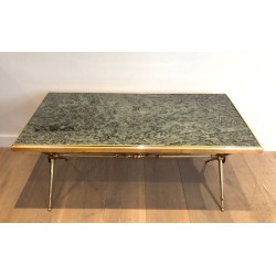 Neoclassical Brass Coffee Table with Green Marble Top, in the Style of Raymond Subes, circa 1940
