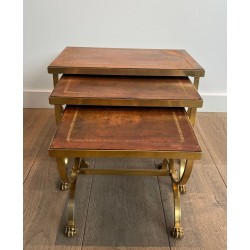 Gilt Metal Nesting Tables with Claw Feet and Leather Tops, Attrib. Maison Jansen, circa 1940
