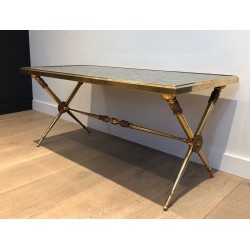 Neoclassical Brass Coffee Table with Green Marble Top, in the Style of Raymond Subes, circa 1940