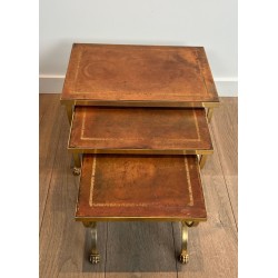 Gilt Metal Nesting Tables with Claw Feet and Leather Tops, Attrib. Maison Jansen, circa 1940