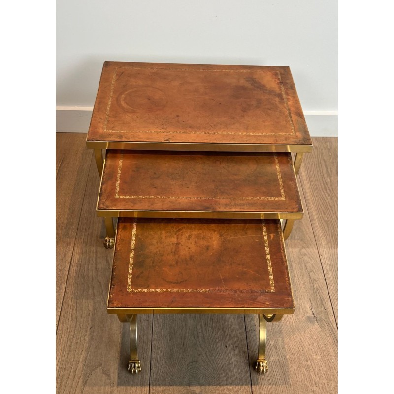 Gilt Metal Nesting Tables with Claw Feet and Leather Tops, Attrib. Maison Jansen, circa 1940